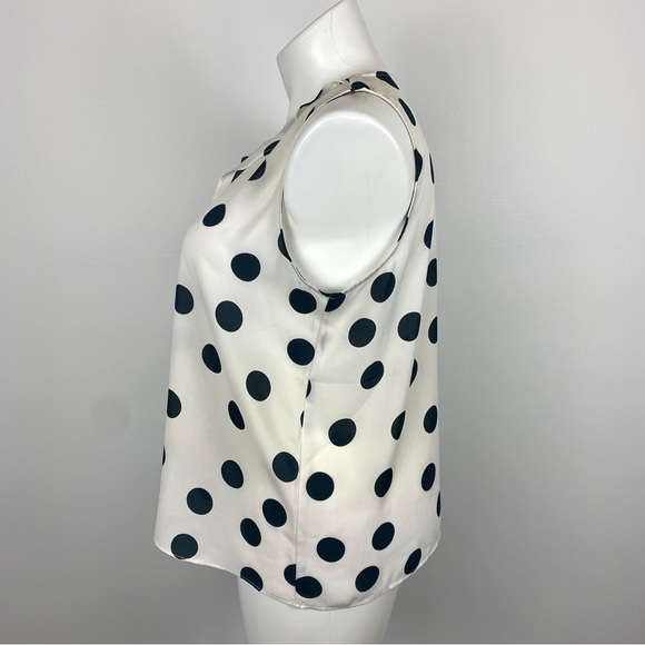Ann Taylor LOFT Polka Dot Sleeveless Blouse Ruffle V-Neck Ivory & Blue L - Picture 4 of 9
